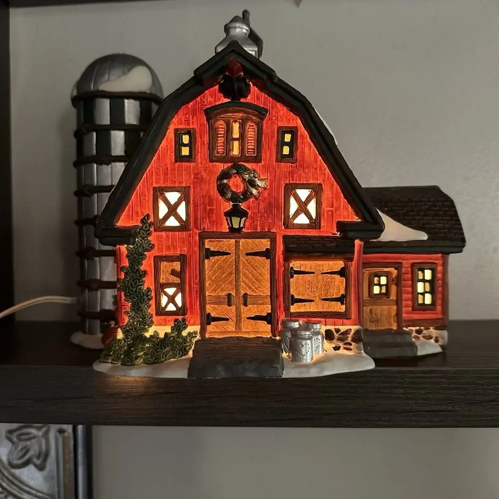 Vtg O'Well Heartland Valley Village Red Barn w/ Silo Lighted Porcelain House 90s